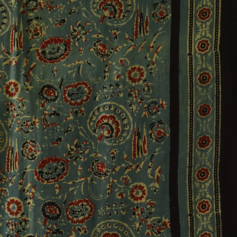 teal indigo ajrakh cotton square scarf red cream floral jaal vine block print hand block printed natural dyed scarf tassels