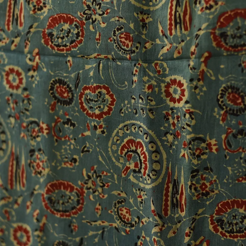 teal indigo ajrakh cotton square scarf red cream floral jaal vine block print hand block printed natural dyed scarf tassels