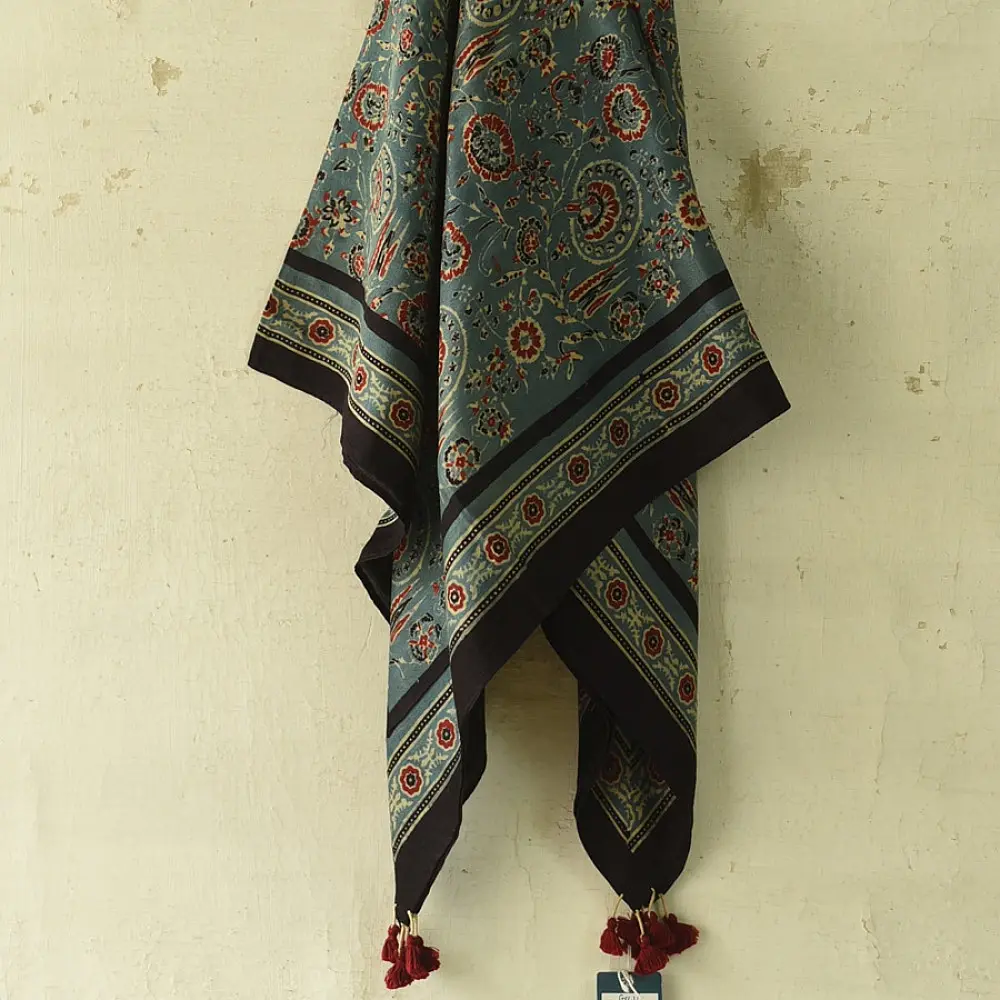 teal indigo ajrakh cotton square scarf red cream floral jaal vine block print hand block printed natural dyed scarf tassels