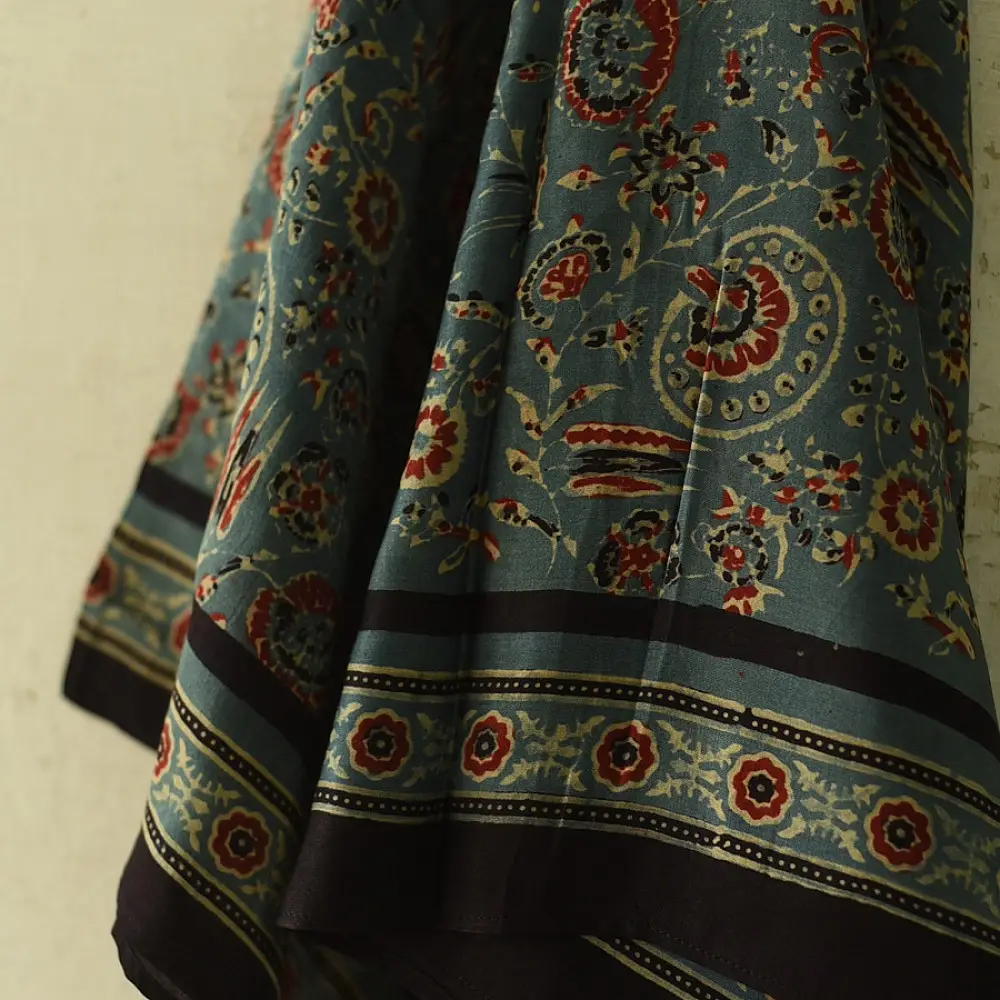 teal indigo ajrakh cotton square scarf red cream floral jaal vine block print hand block printed natural dyed scarf tassels