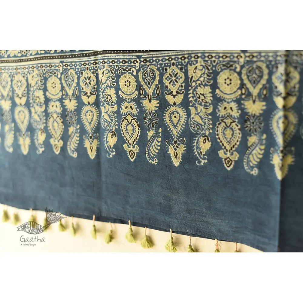 Dual-toned Ajrakh cotton dupatta in green and indigo with intricate detailing