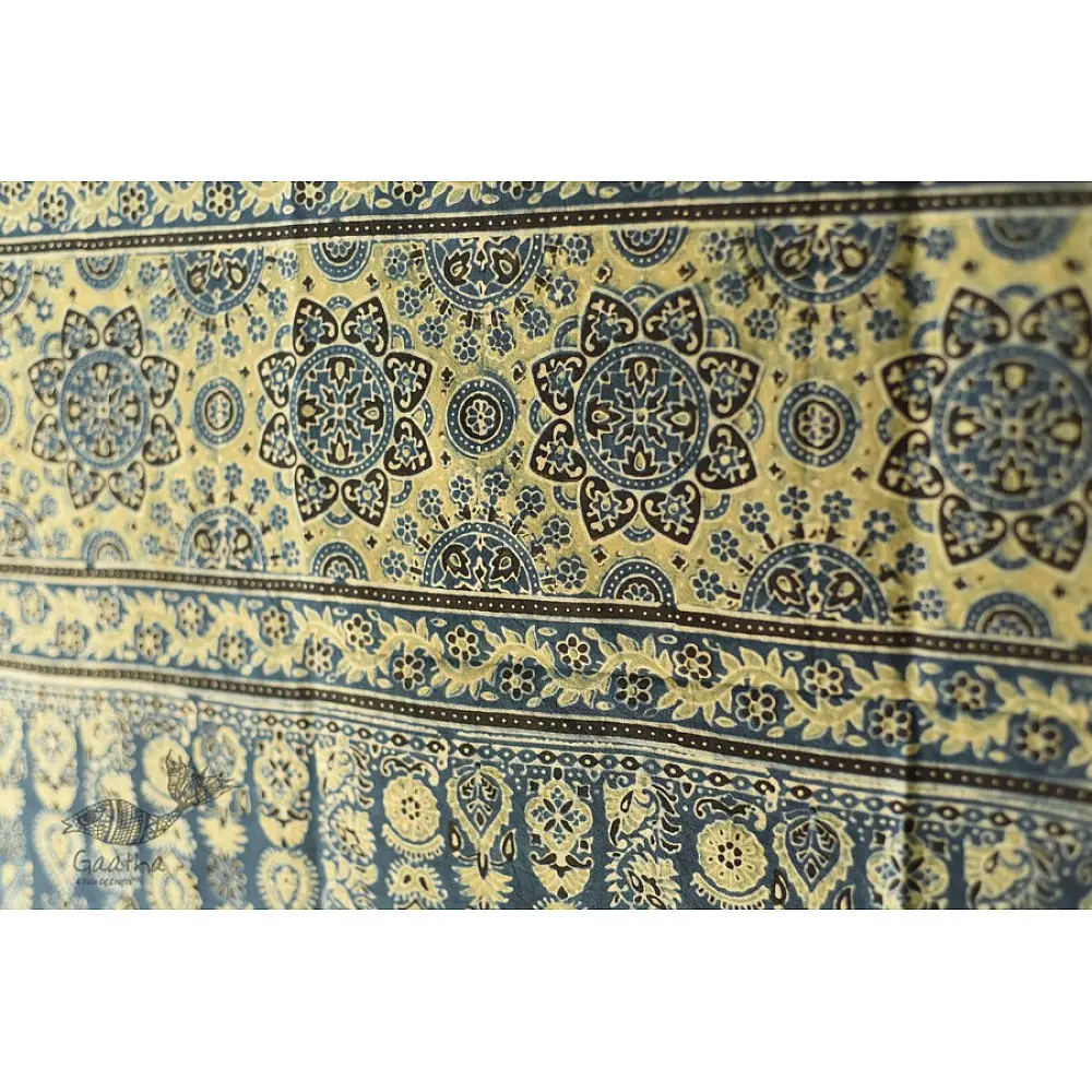 Dual-toned Ajrakh cotton dupatta in green and indigo with intricate detailing