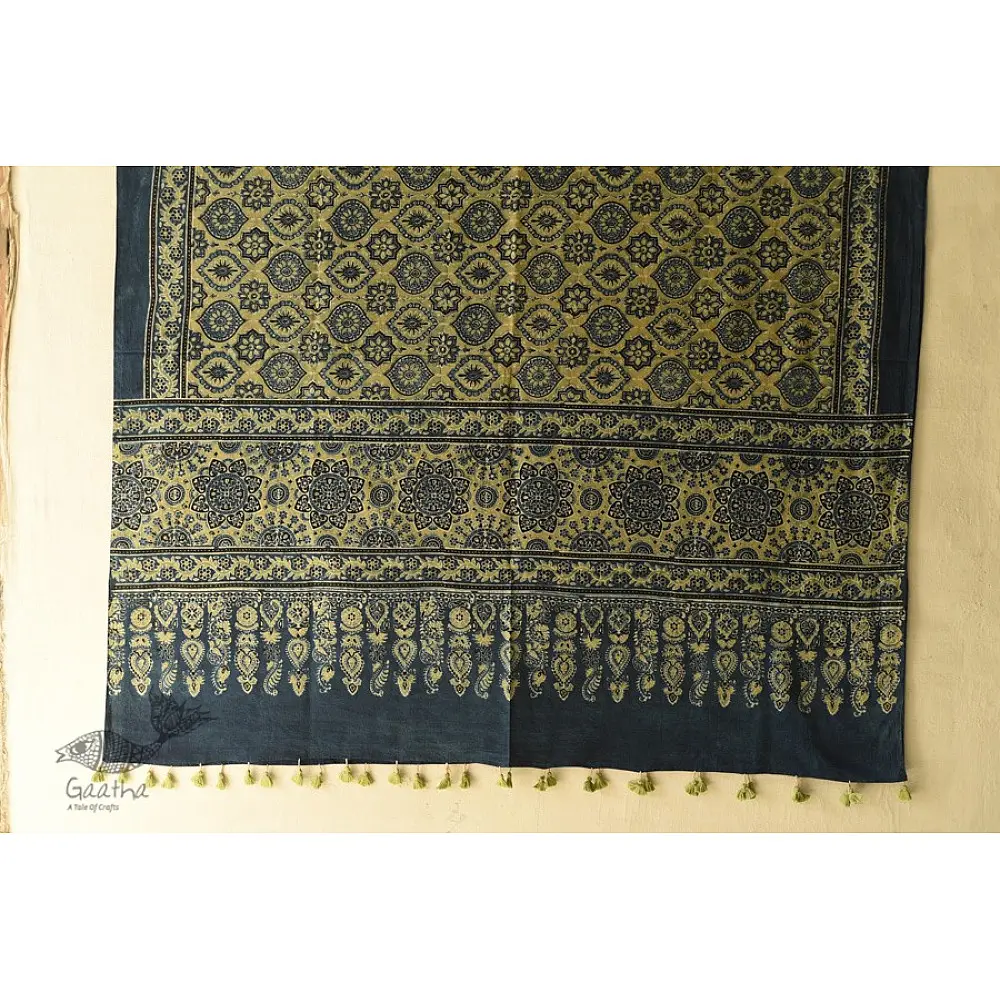 Dual-toned Ajrakh cotton dupatta in green and indigo with intricate detailing