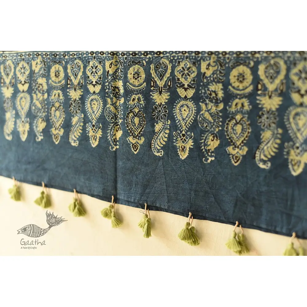 Yellow and indigo Ajrakh dupatta with artisan hand block print design