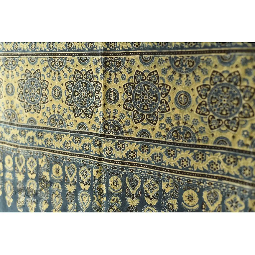 Yellow and indigo Ajrakh dupatta with artisan hand block print design