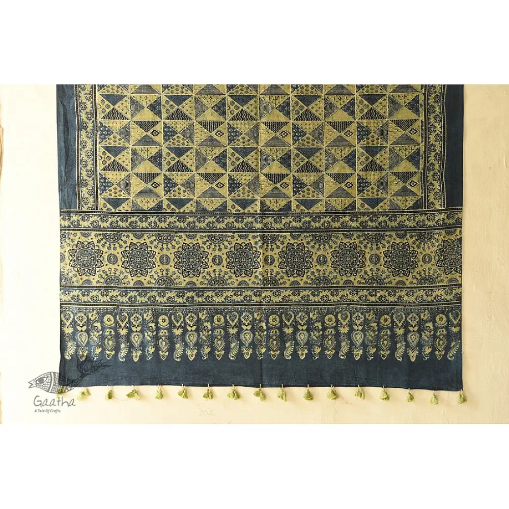 Yellow and indigo Ajrakh dupatta with artisan hand block print design