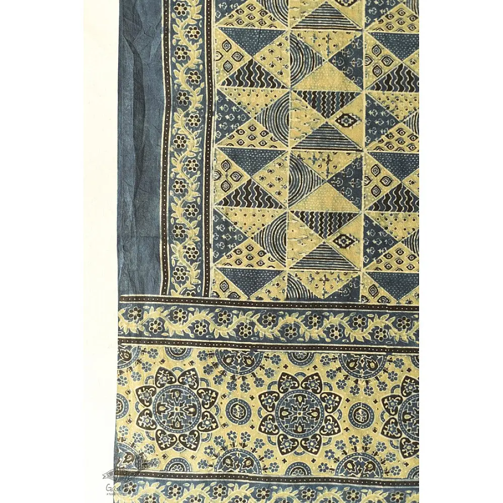 Yellow and indigo Ajrakh dupatta with artisan hand block print design