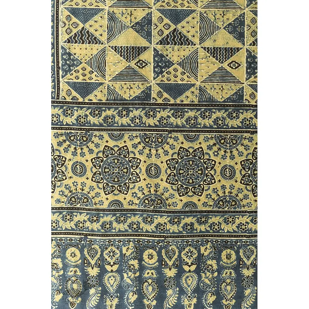 Yellow and indigo Ajrakh dupatta with artisan hand block print design