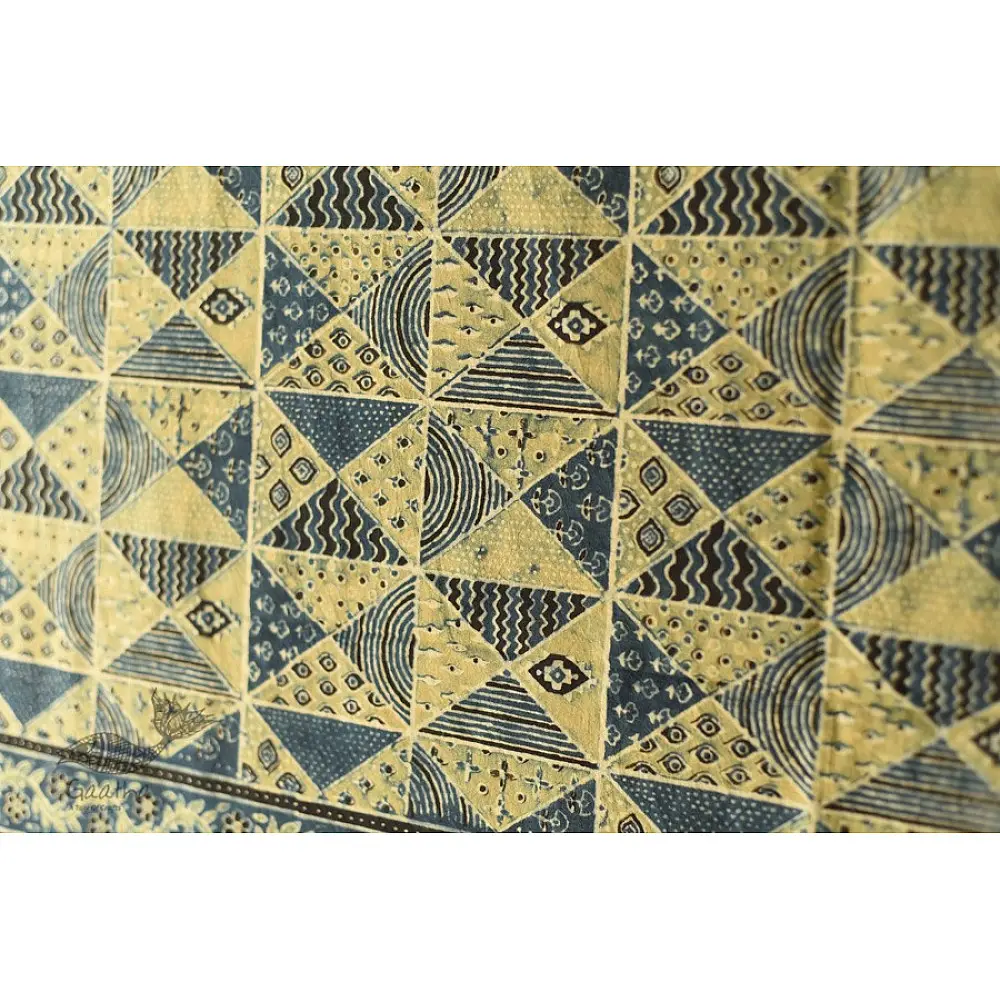 Yellow and indigo Ajrakh dupatta with artisan hand block print design