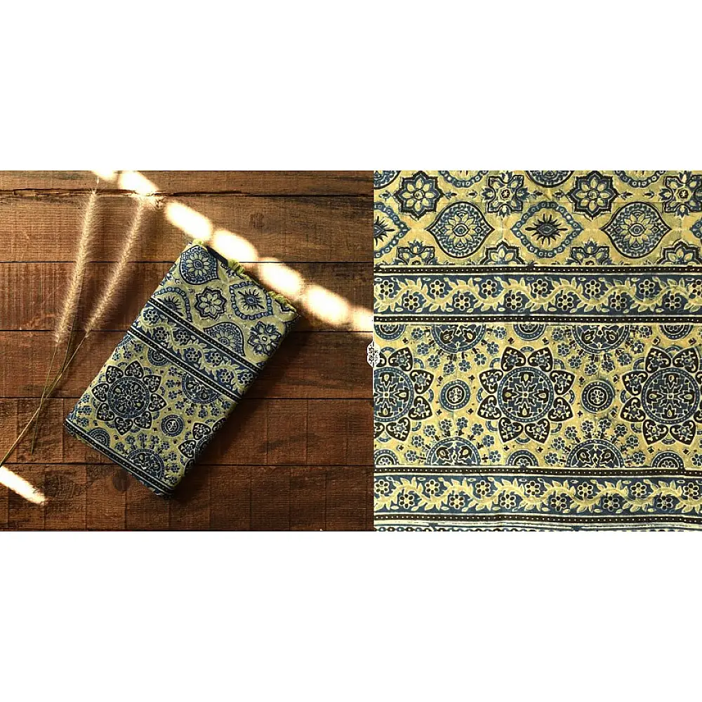 Dual-toned Ajrakh cotton dupatta in green and indigo with intricate detailing