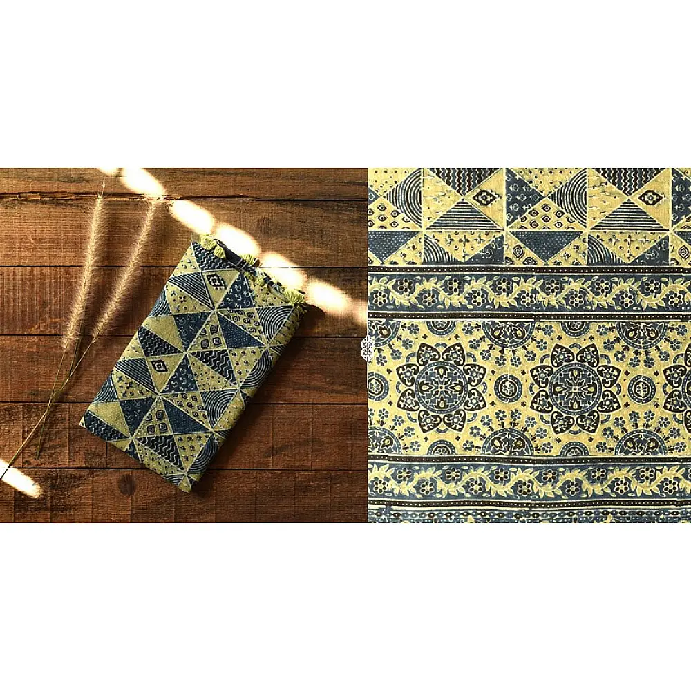 Yellow and indigo Ajrakh dupatta with artisan hand block print design