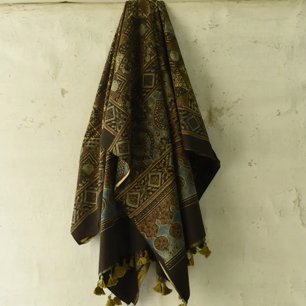 Indigo toned Handcrafted Ajrakh block print pure cotton dupatta 