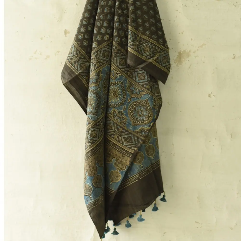 Traditional Indian Ajrakh cotton dupatta with repeating geometric motifs