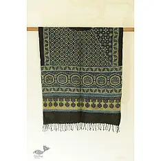 Kafi | Ajrakh Block Print ~ Handloom Linen Stole - Greenish Grey