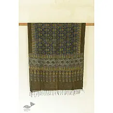 Kafi | Ajrakh Hand Block Printed ~ Linen Stole - Dark Green