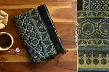 Kafi | Ajrakh Block Print ~ Handloom Linen Stole - Greenish Grey