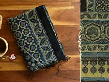 Kafi | Ajrakh Block Print ~ Handloom Linen Stole - Greenish Grey