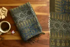 Kafi | Ajrakh Hand Block Printed ~ Linen Stole - Dark Green