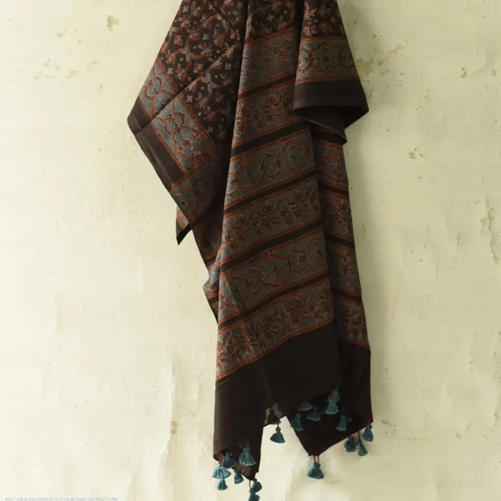 Authentic Ajrakh cotton dupatta with intricate artisan block printing