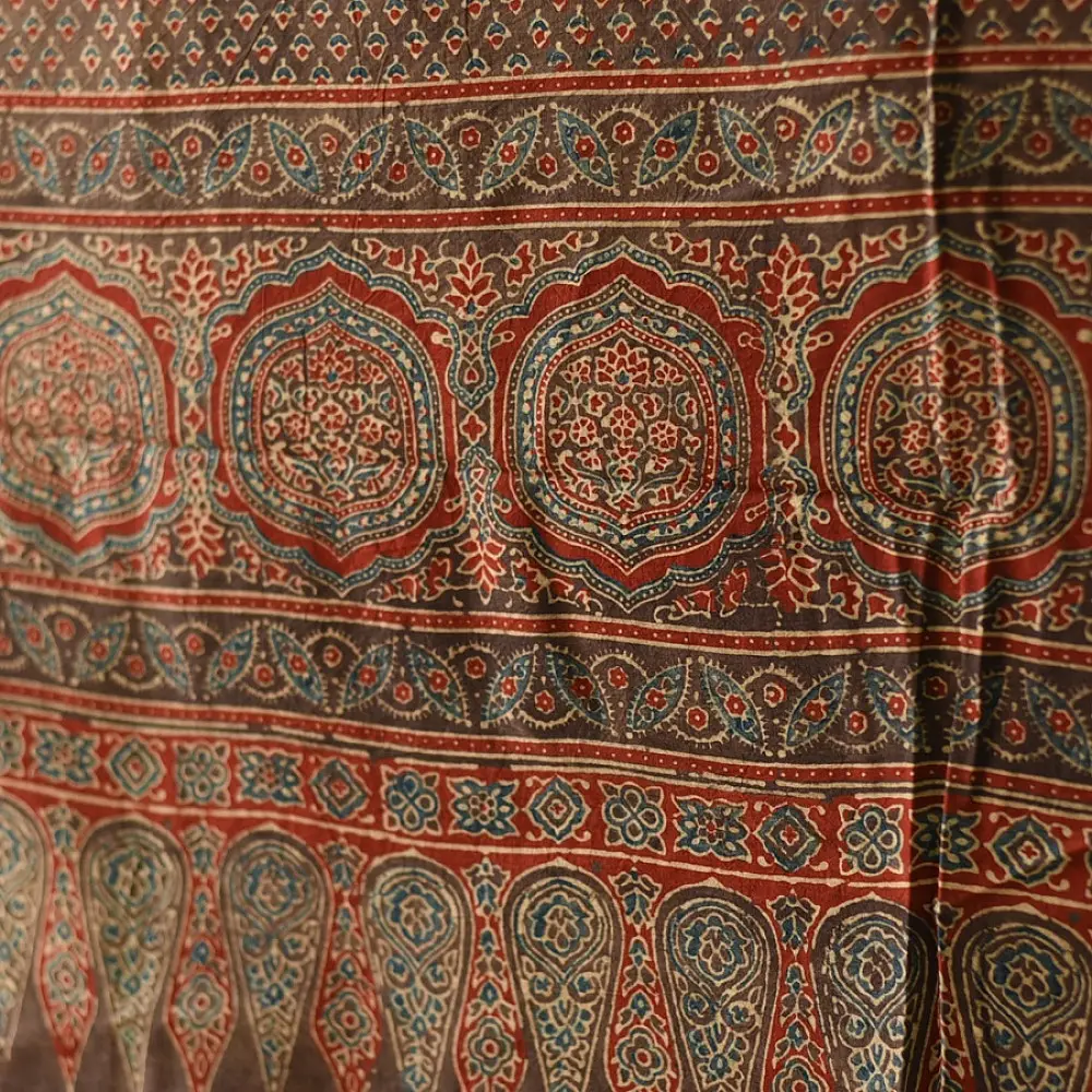 Ajrakh printed cotton dupatta with intricate hand carved block patterns