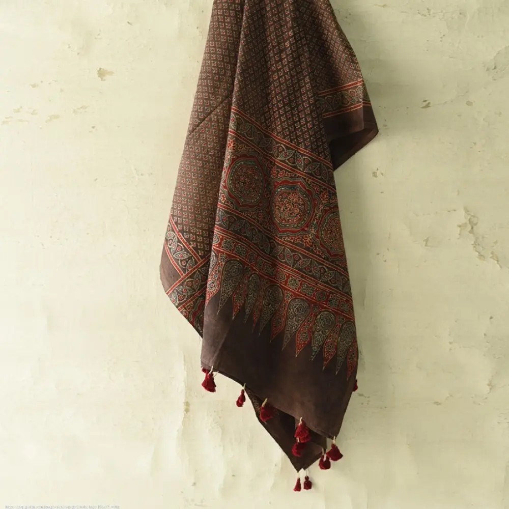 Ajrakh printed cotton dupatta with intricate hand carved block patterns