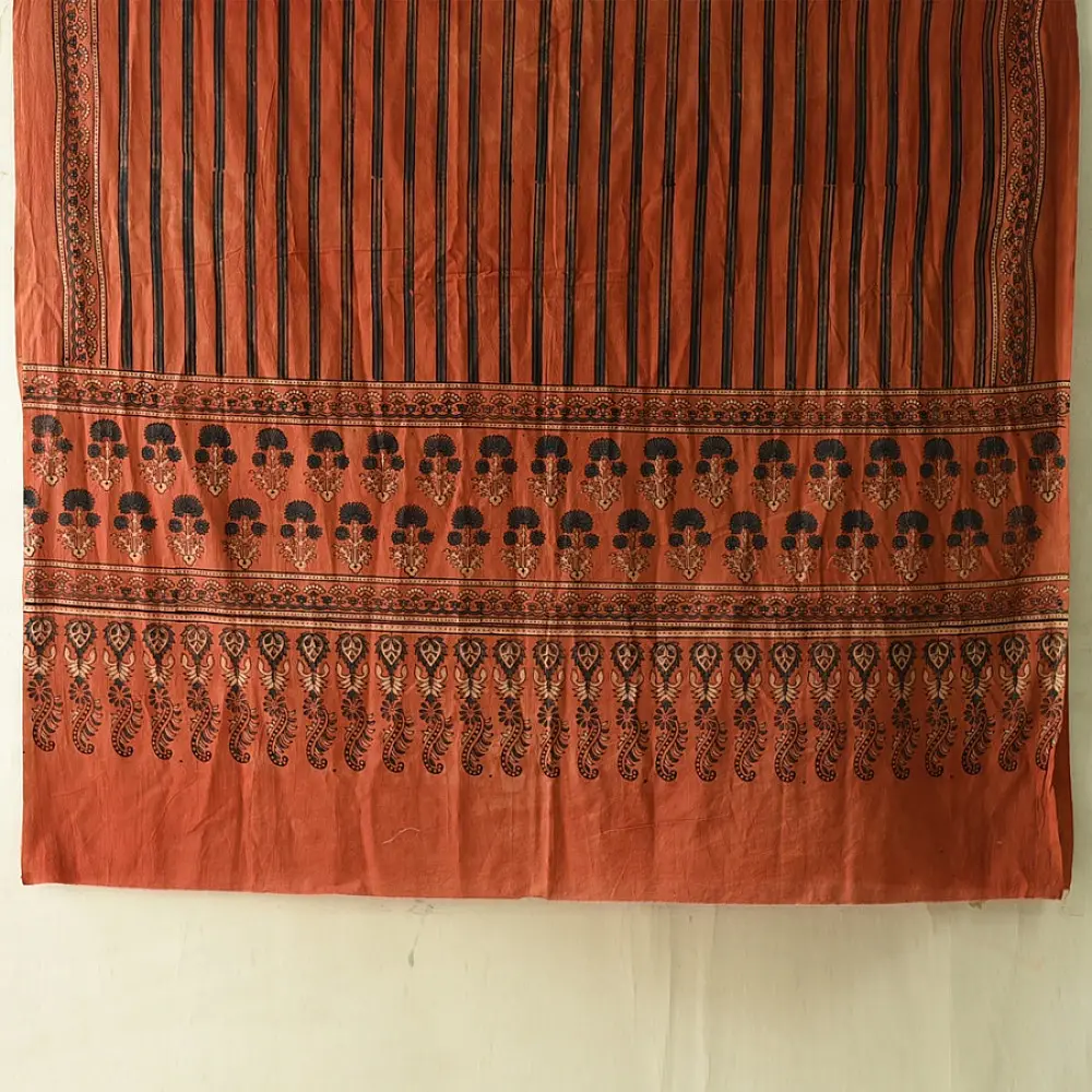 Linear Patterned Orange and Black Pure Cotton Ajrakh Printed Dupatta