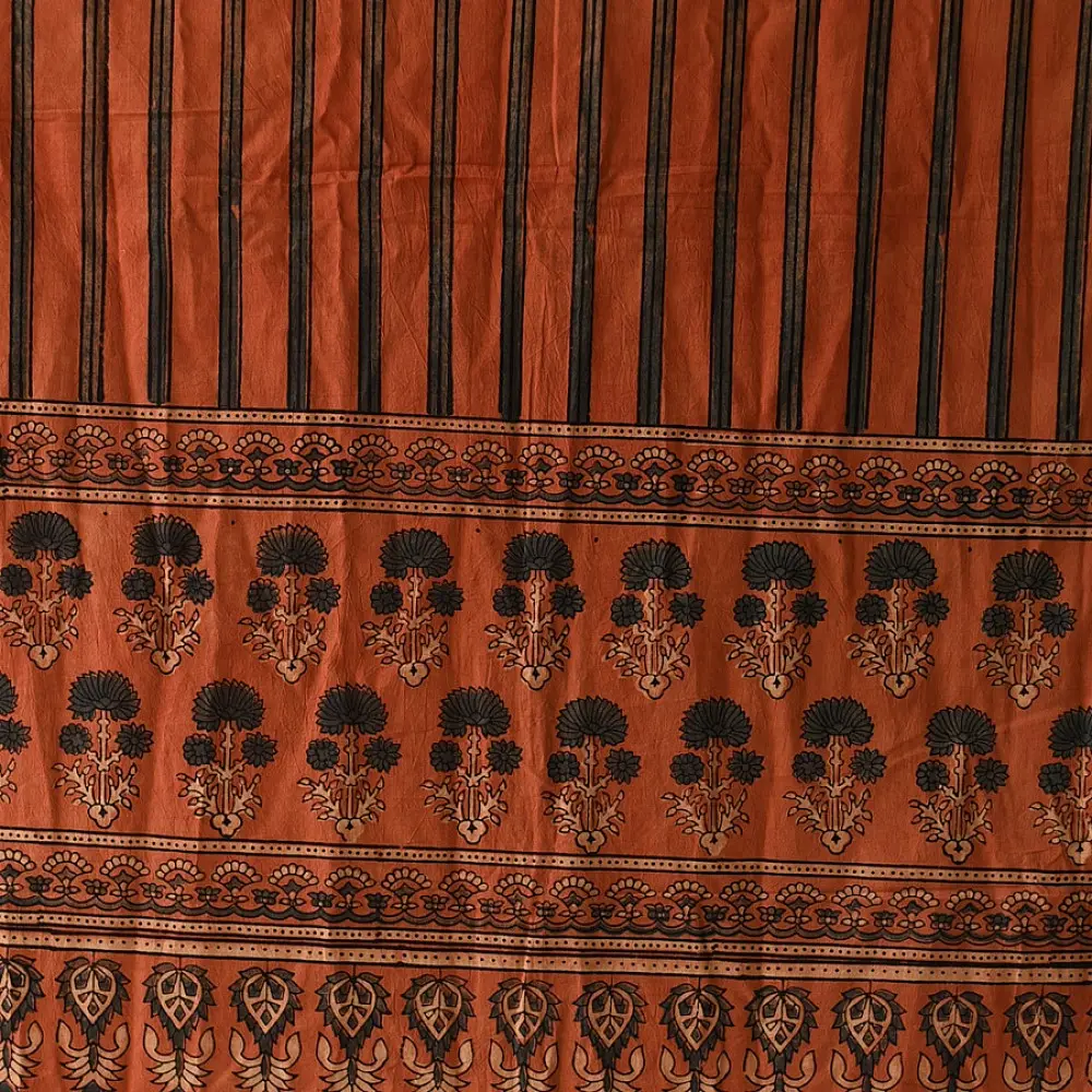Linear Patterned Orange and Black Pure Cotton Ajrakh Printed Dupatta