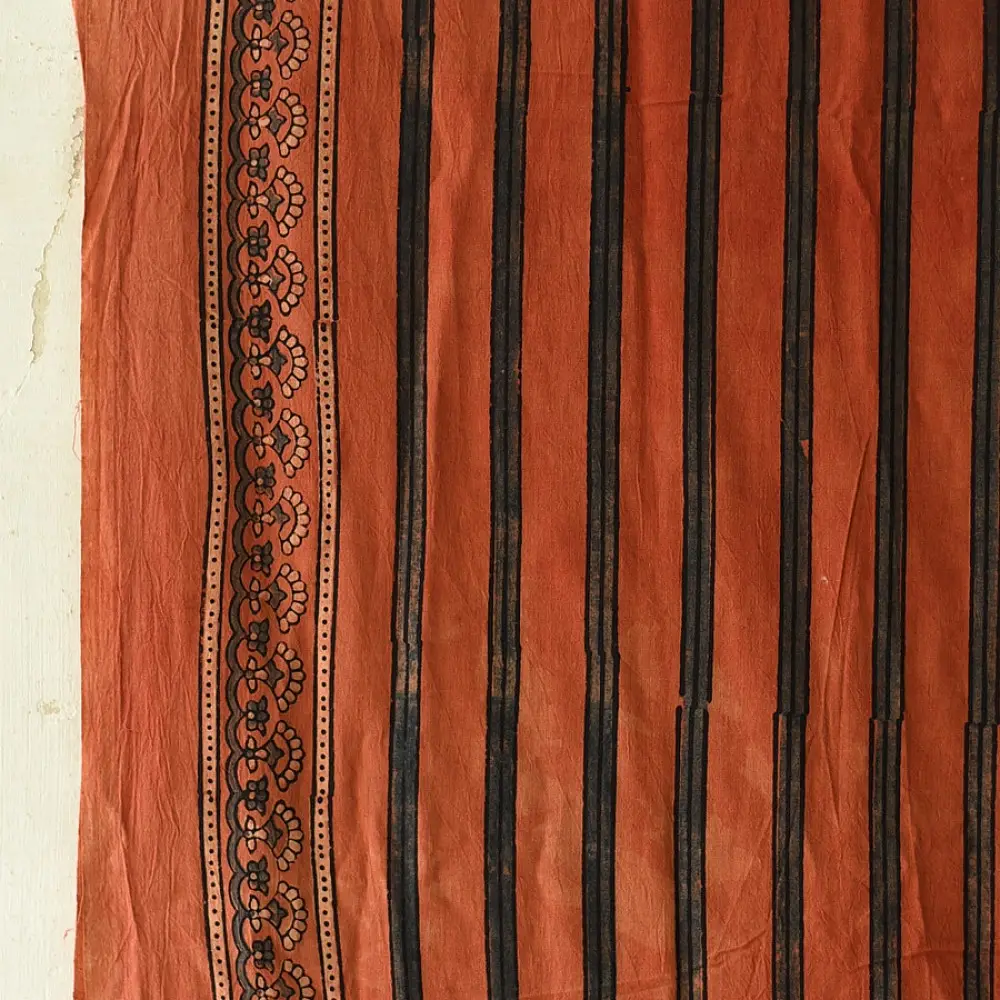 Linear Patterned Orange and Black Pure Cotton Ajrakh Printed Dupatta