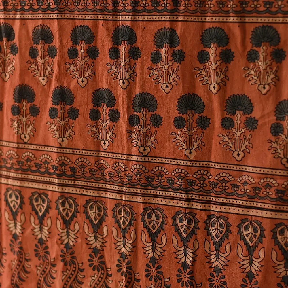 Linear Patterned Orange and Black Pure Cotton Ajrakh Printed Dupatta