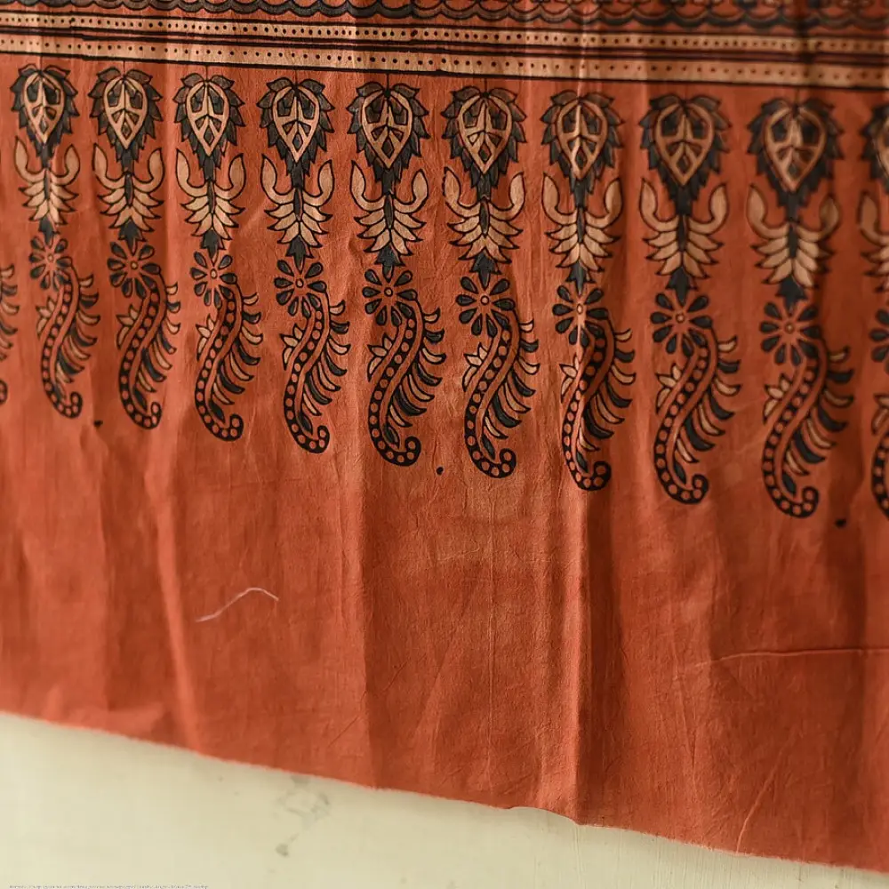 Linear Patterned Orange and Black Pure Cotton Ajrakh Printed Dupatta
