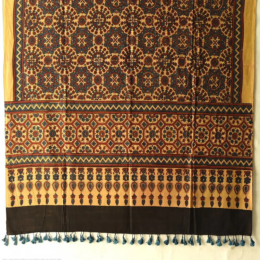 Ajrakh hand printed pure cotton dupatta with detailed floral geometry