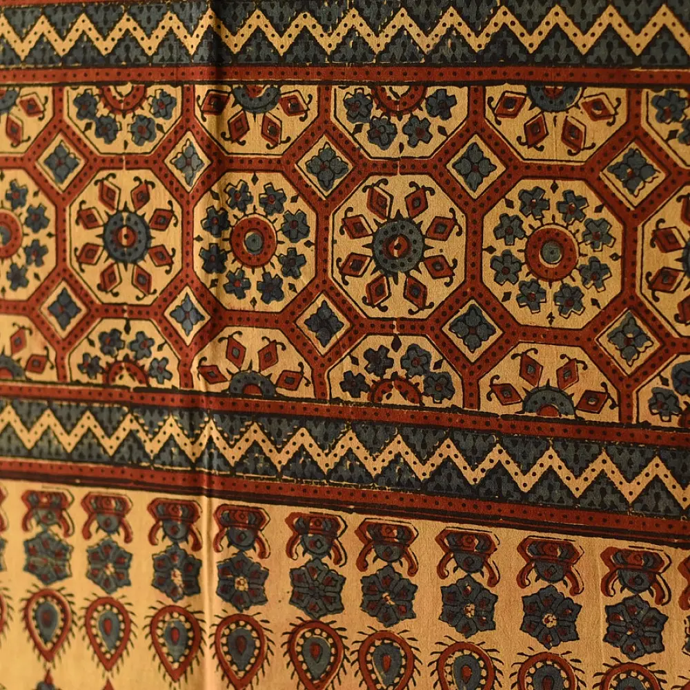 Ajrakh hand printed pure cotton dupatta with detailed floral geometry