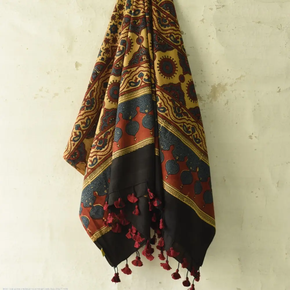 Shop Yellow Pure Cotton Dupatta Ajrakh Block Printed 
