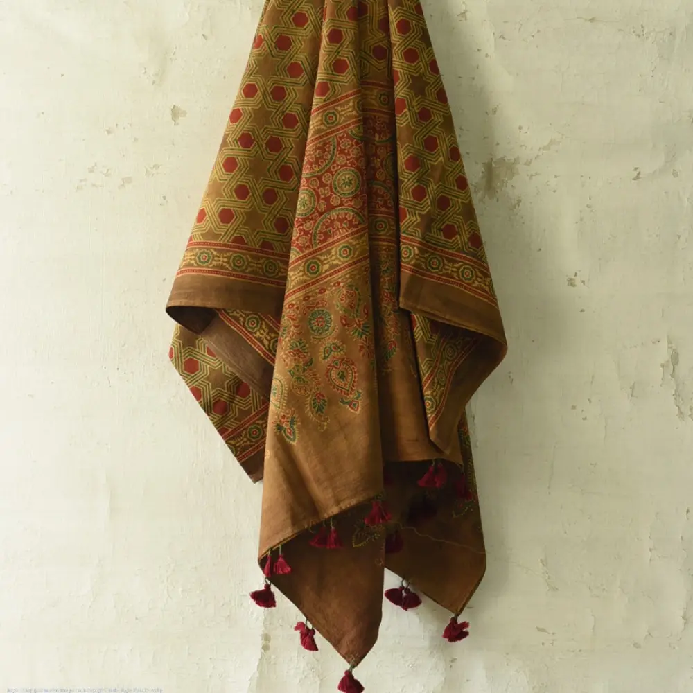 Shop Bright Orange Ajrakh Block Printed Pure Cotton Dupatta 