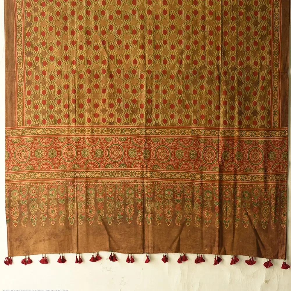 Shop Bright Orange Ajrakh Block Printed Pure Cotton Dupatta 