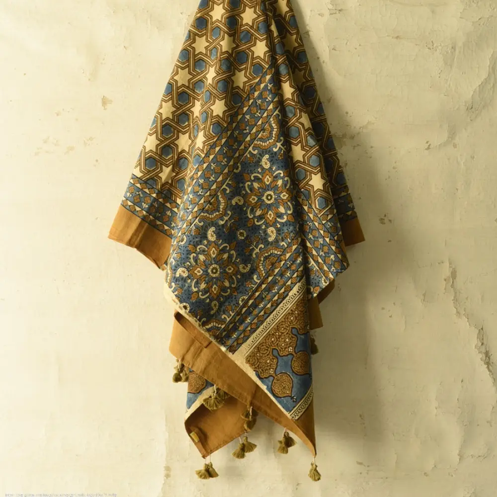 Shop Dual Toned Yellow and Indigo Ajrakh Block Printed Pure Cotton Dupatta 