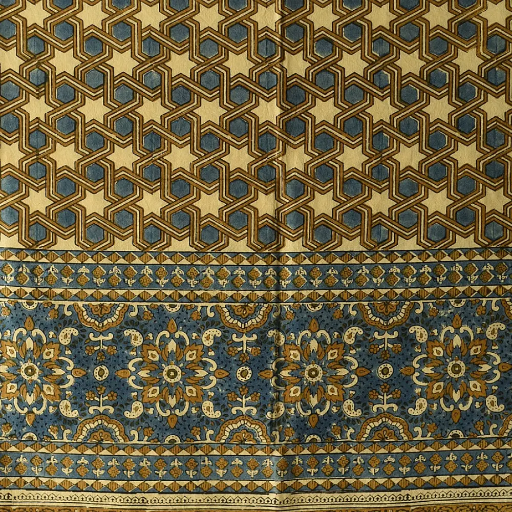 Shop Dual Toned Yellow and Indigo Ajrakh Block Printed Pure Cotton Dupatta 