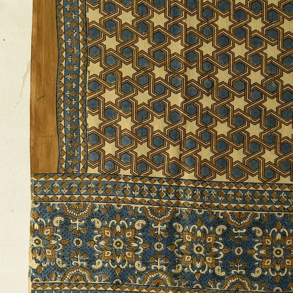 Shop Dual Toned Yellow and Indigo Ajrakh Block Printed Pure Cotton Dupatta 