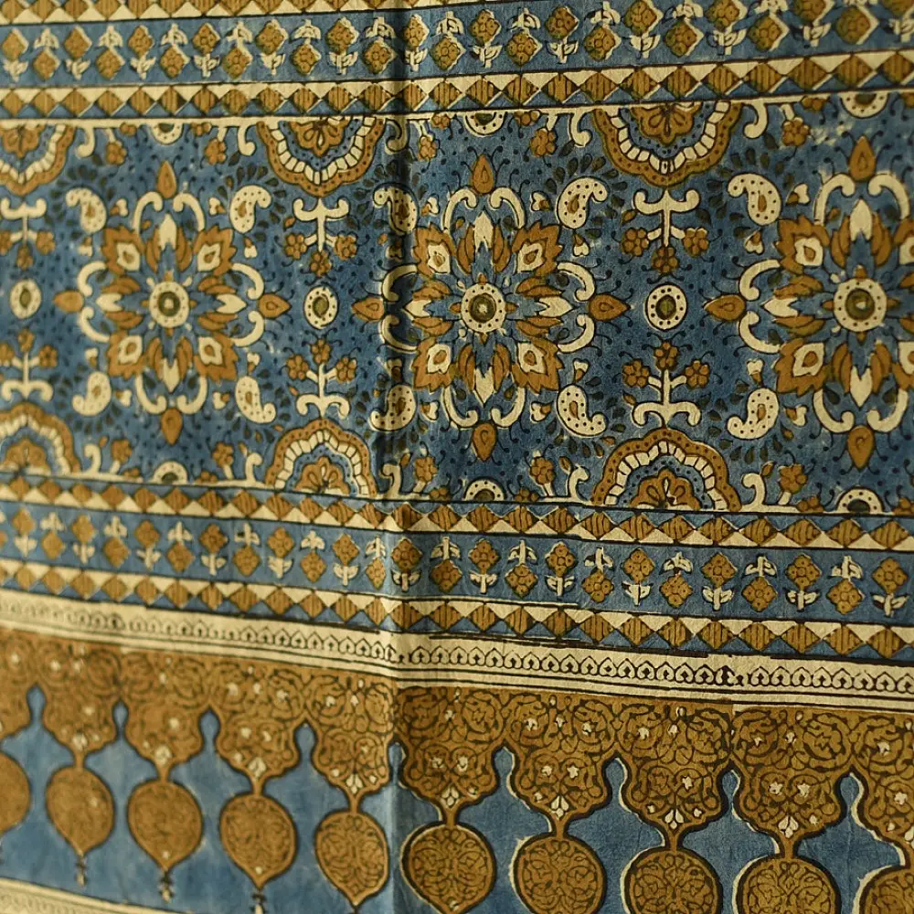 Shop Dual Toned Yellow and Indigo Ajrakh Block Printed Pure Cotton Dupatta 