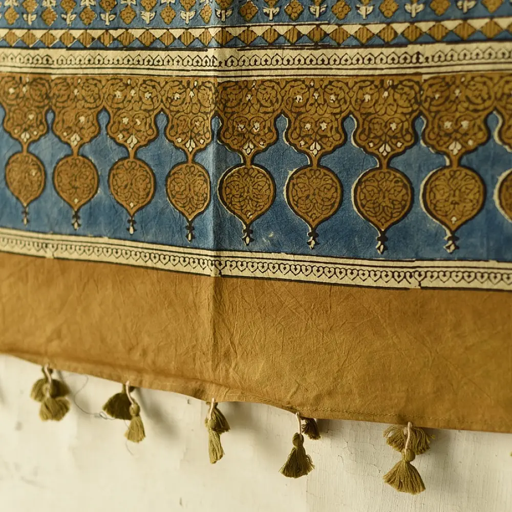 Shop Dual Toned Yellow and Indigo Ajrakh Block Printed Pure Cotton Dupatta 