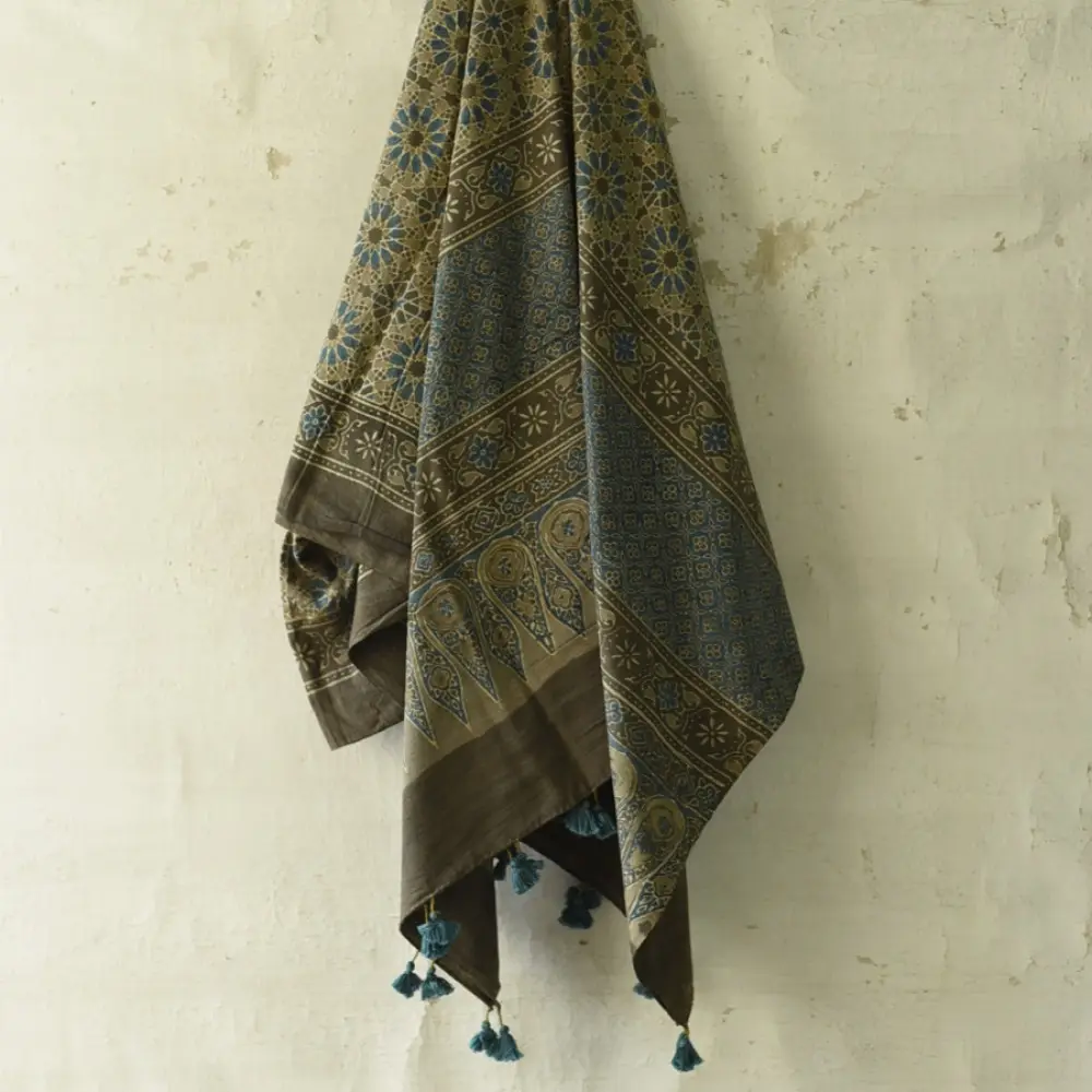 Pure Cotton  Ajrakh Block Printed Dupatta with Tassels 