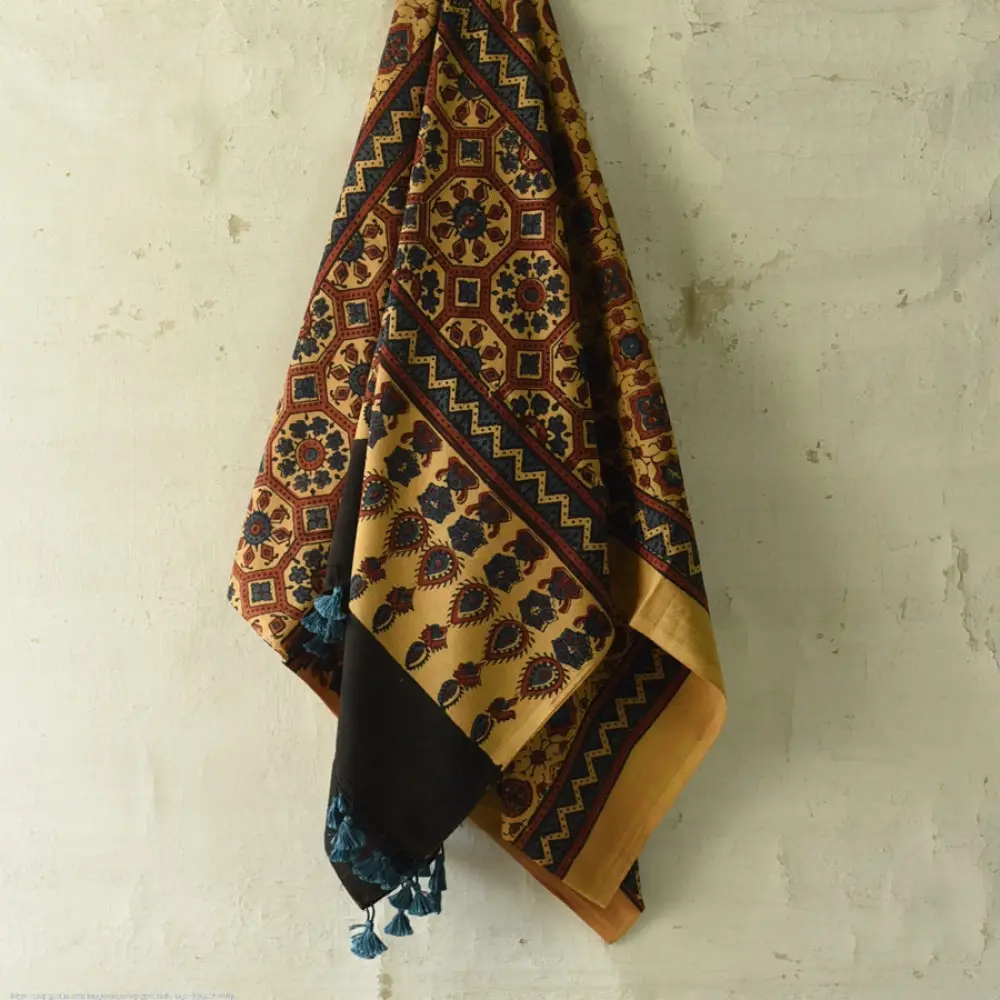 Shop for Yellow Ajrakh Block Printed Cotton Dupatta
