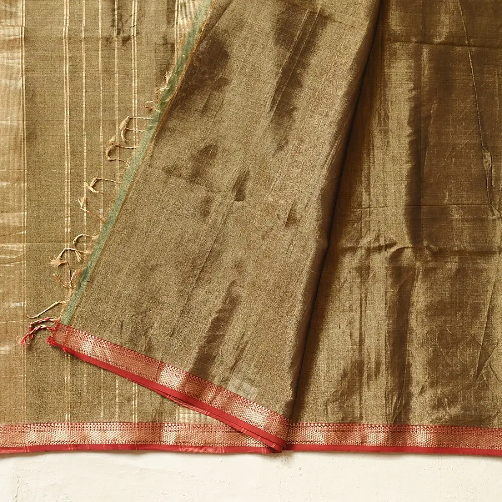 buy Handloom Maheshwari Cotton by Tissue Saree - Black & Golden Zari