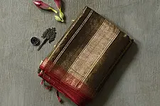 Joon . जून ☽ Handloom Maheshwari Cotton by Tissue Saree - Black & Golden Zari