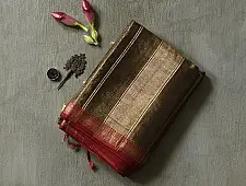 Joon . जून ☽ Handloom Maheshwari Cotton by Tissue Saree - Black & Golden Zari