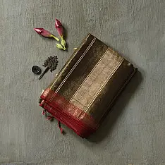 Joon . जून ☽ Handloom Maheshwari Cotton by Tissue Saree - Black & Golden Zari