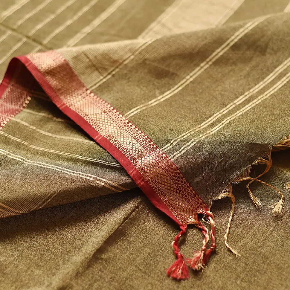 buy Handloom Maheshwari Cotton by Tissue Saree - Black & Golden Zari