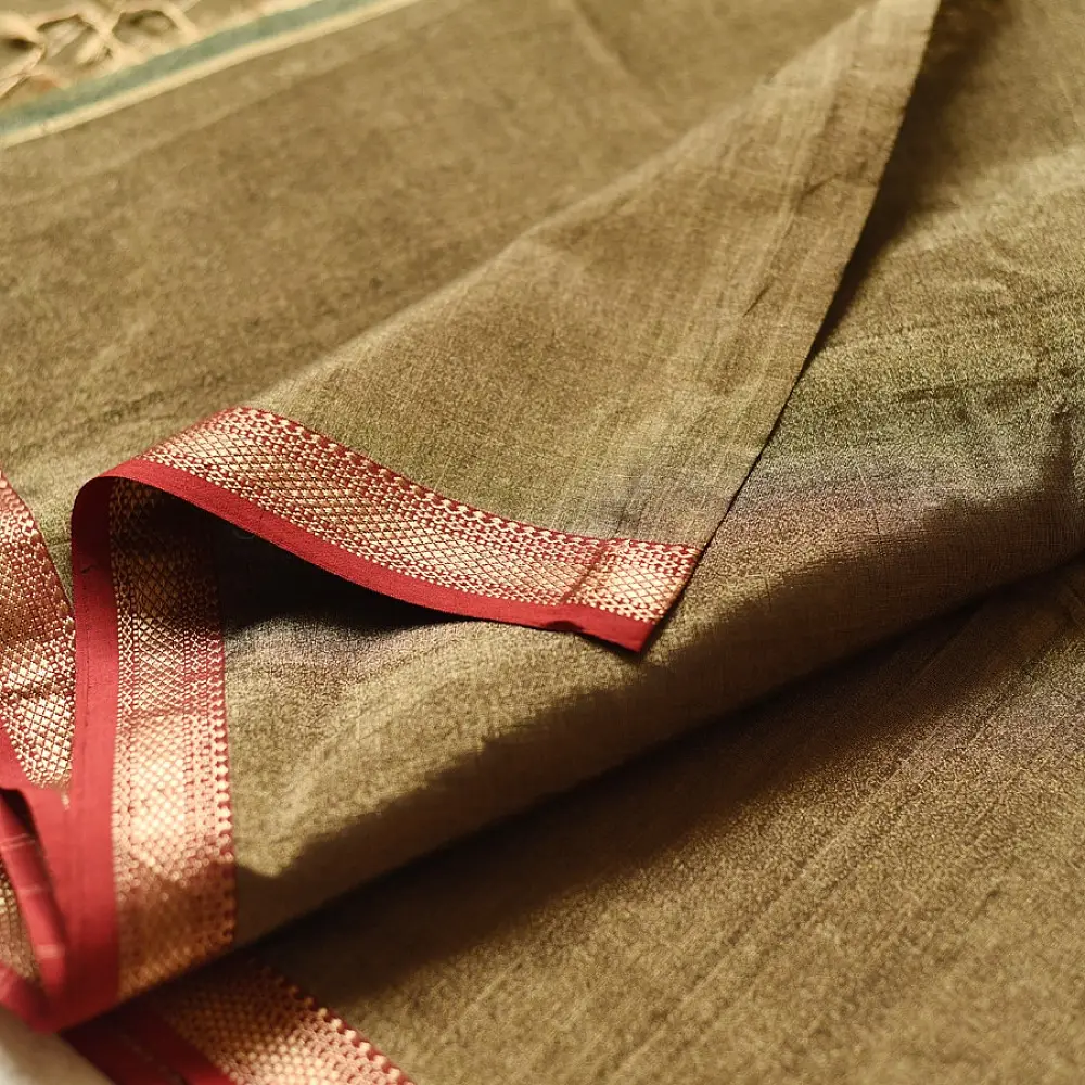 buy Handloom Maheshwari Cotton by Tissue Saree - Black & Golden Zari