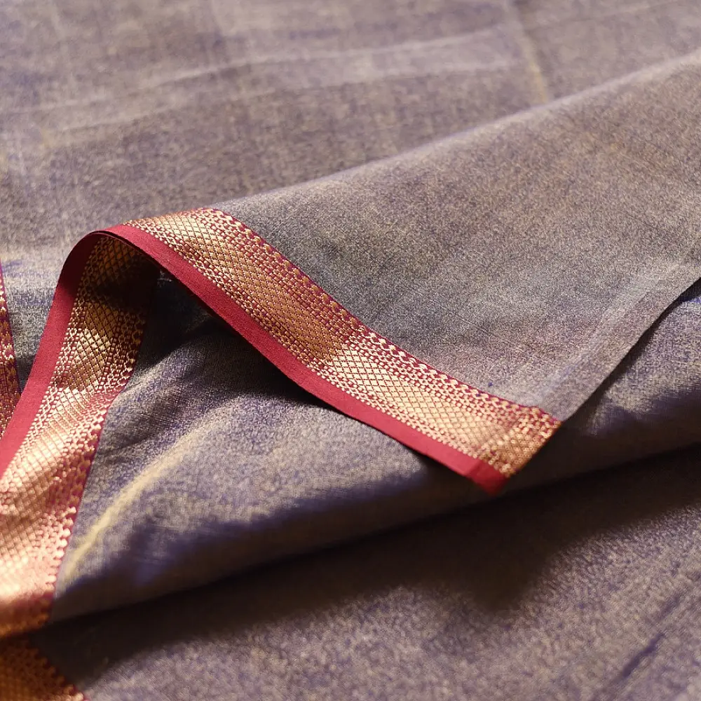 violet and gold handloom maheshwari tissue silk cotton saree with fine striped body and red borders for women