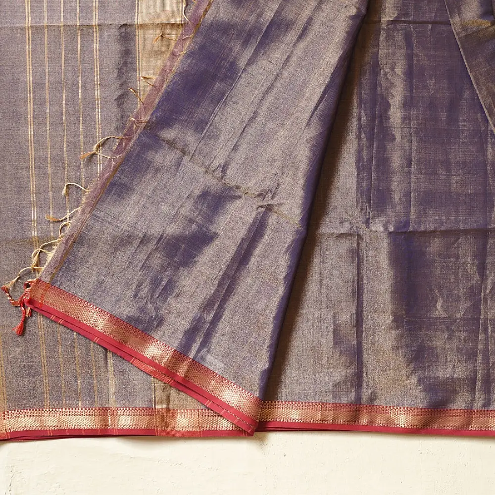 violet and gold handloom maheshwari tissue silk cotton saree with fine striped body and red borders for women